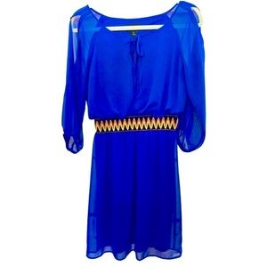 Royal Blue Mini Dress w Elastic Colorful Embroidered Waist